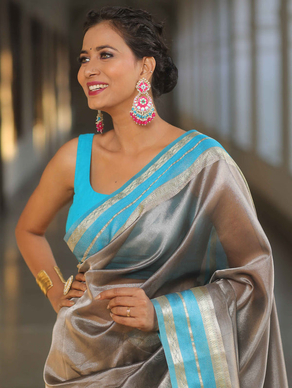 Banarasee Handwoven Plain Tissue Saree With Contrast Border-Grey & Blue