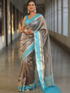 Banarasee Handwoven Plain Tissue Saree With Contrast Border-Grey & Blue