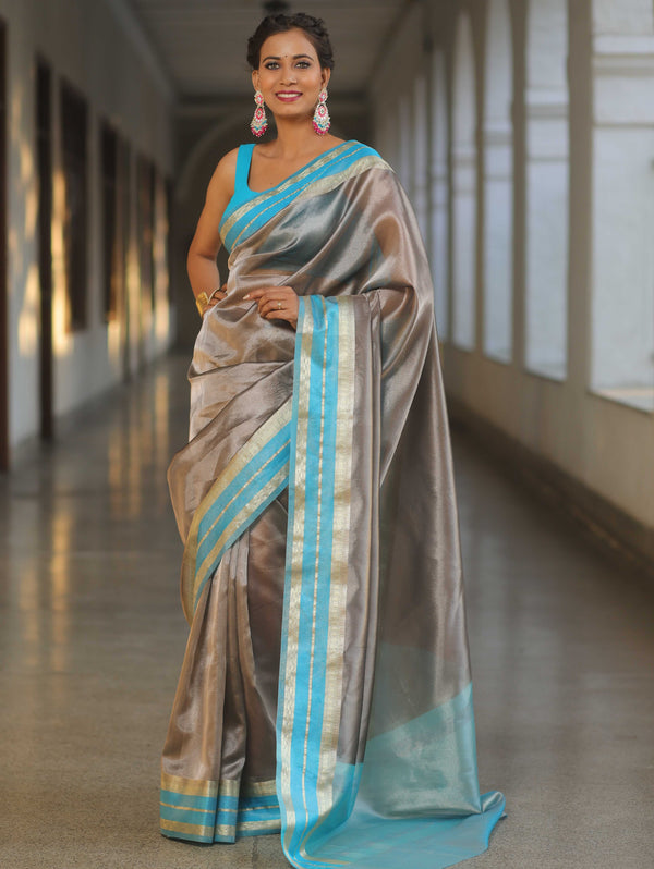 Banarasee Handwoven Plain Tissue Saree With Contrast Border-Grey & Blue