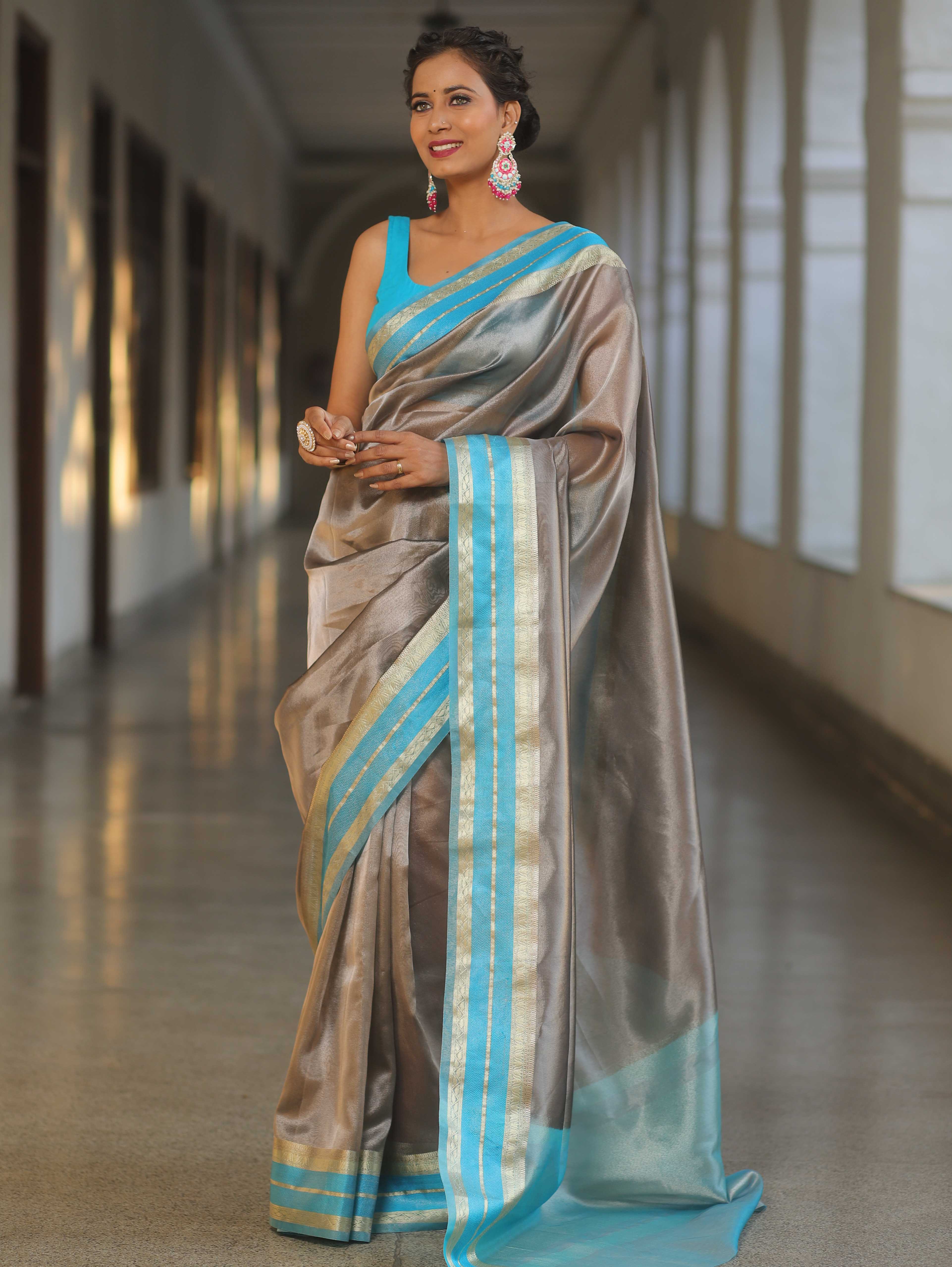 Banarasee Handwoven Plain Tissue Saree With Contrast Border-Grey & Blue