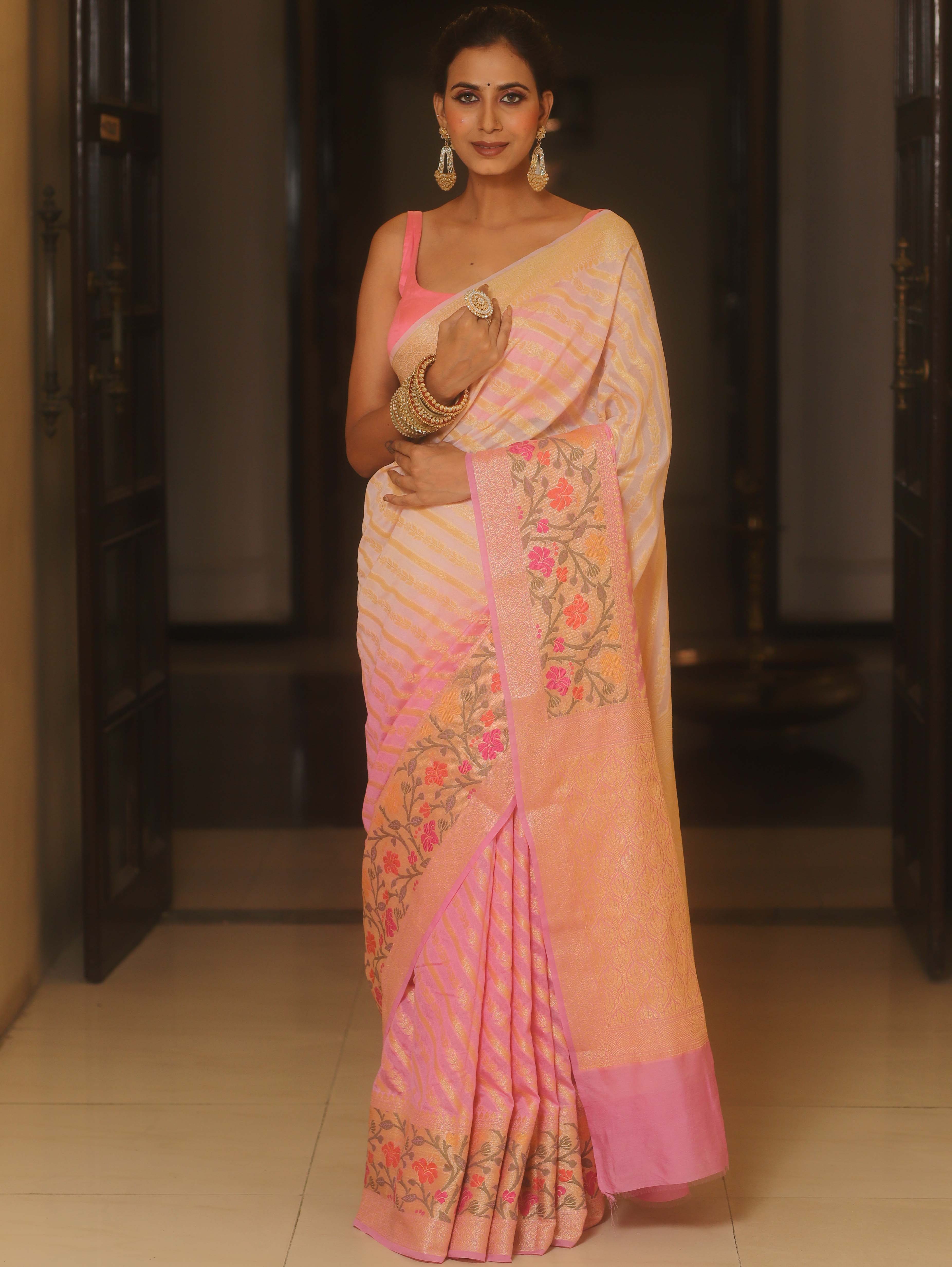 Banarasee Georgette Dual Color Saree With Zari Work & Meena Border-Pink