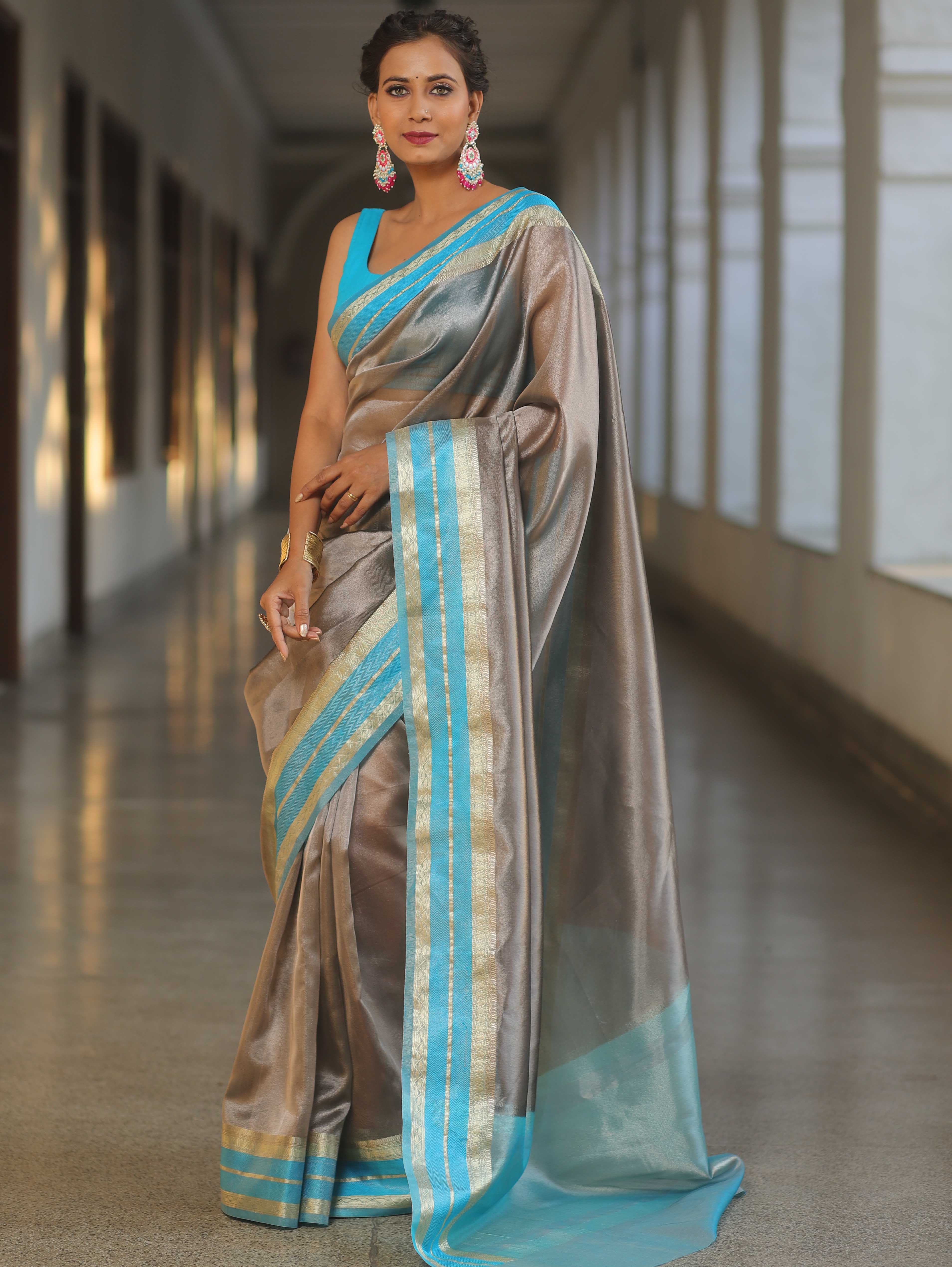 Banarasee Handwoven Plain Tissue Saree With Contrast Border-Grey & Blue