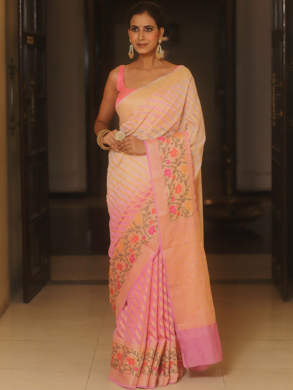 Banarasee Georgette Dual Color Saree With Zari Work & Meena Border-Pink