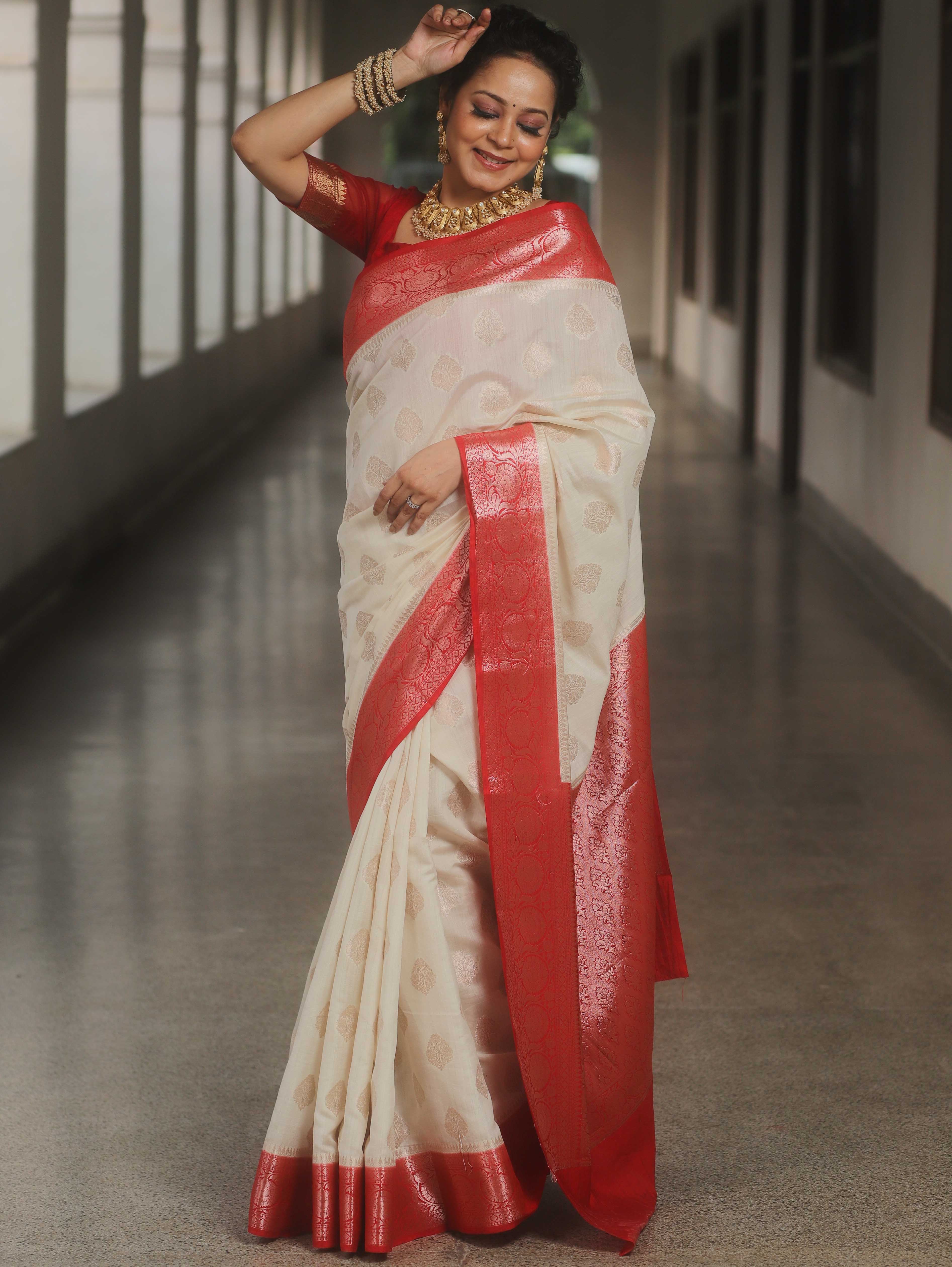 Banarasee Handloom Pure Chiniya Silk Saree With Zari Work & Contrast Border-White & Red