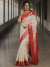 Banarasee Handloom Pure Chiniya Silk Saree With Zari Work & Contrast Border-White & Red