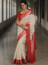 Banarasee Handloom Pure Chiniya Silk Saree With Zari Work & Contrast Border-White & Red