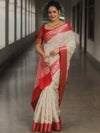 Banarasee Handloom Pure Chiniya Silk Saree With Zari Work & Contrast Border-White & Red