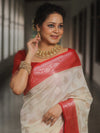 Banarasee Handloom Pure Chiniya Silk Saree With Zari Work & Contrast Border-White & Red