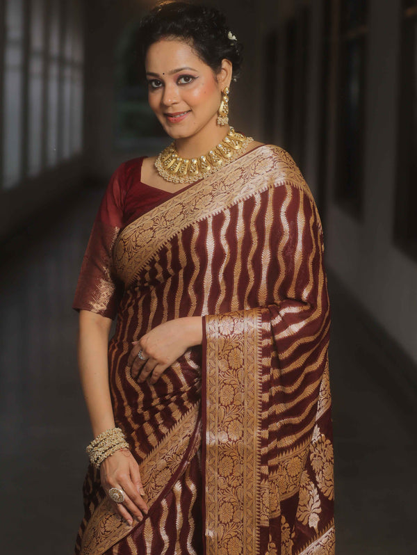 Banarasee Pure Chiffon Saree Zari Jaal Design-Maroon