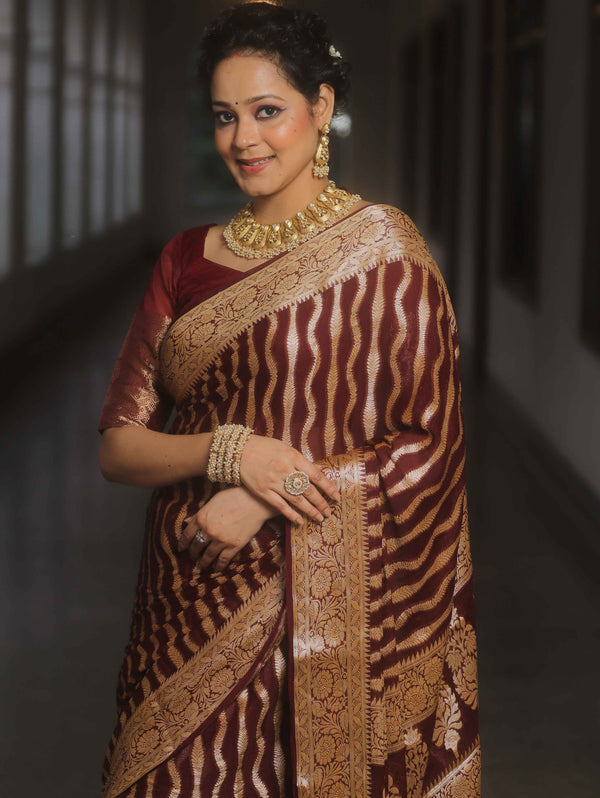 Banarasee Pure Chiffon Saree Zari Jaal Design-Maroon