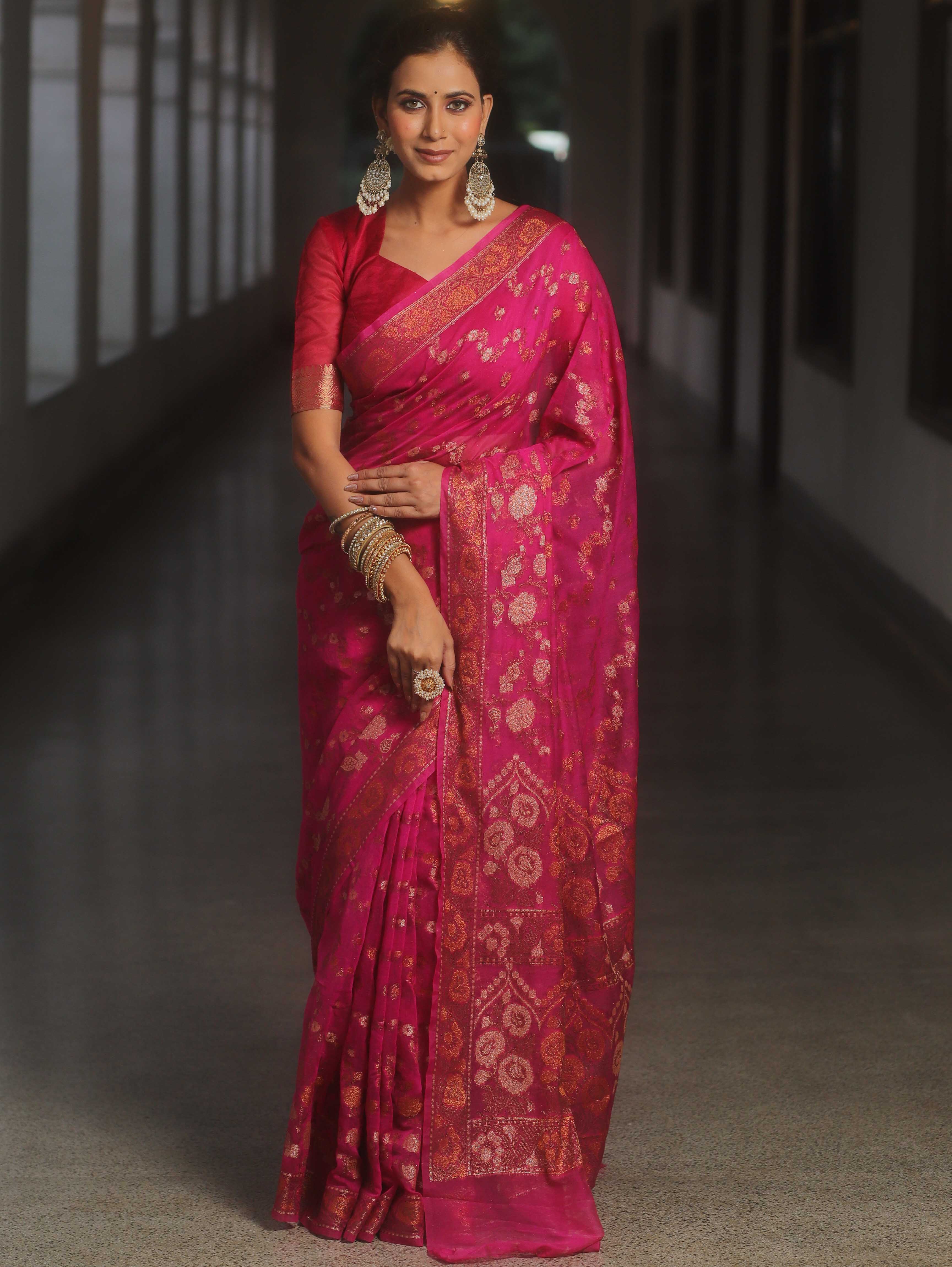 Banarasee Handwoven Georgette Saree Zari Design-Pink