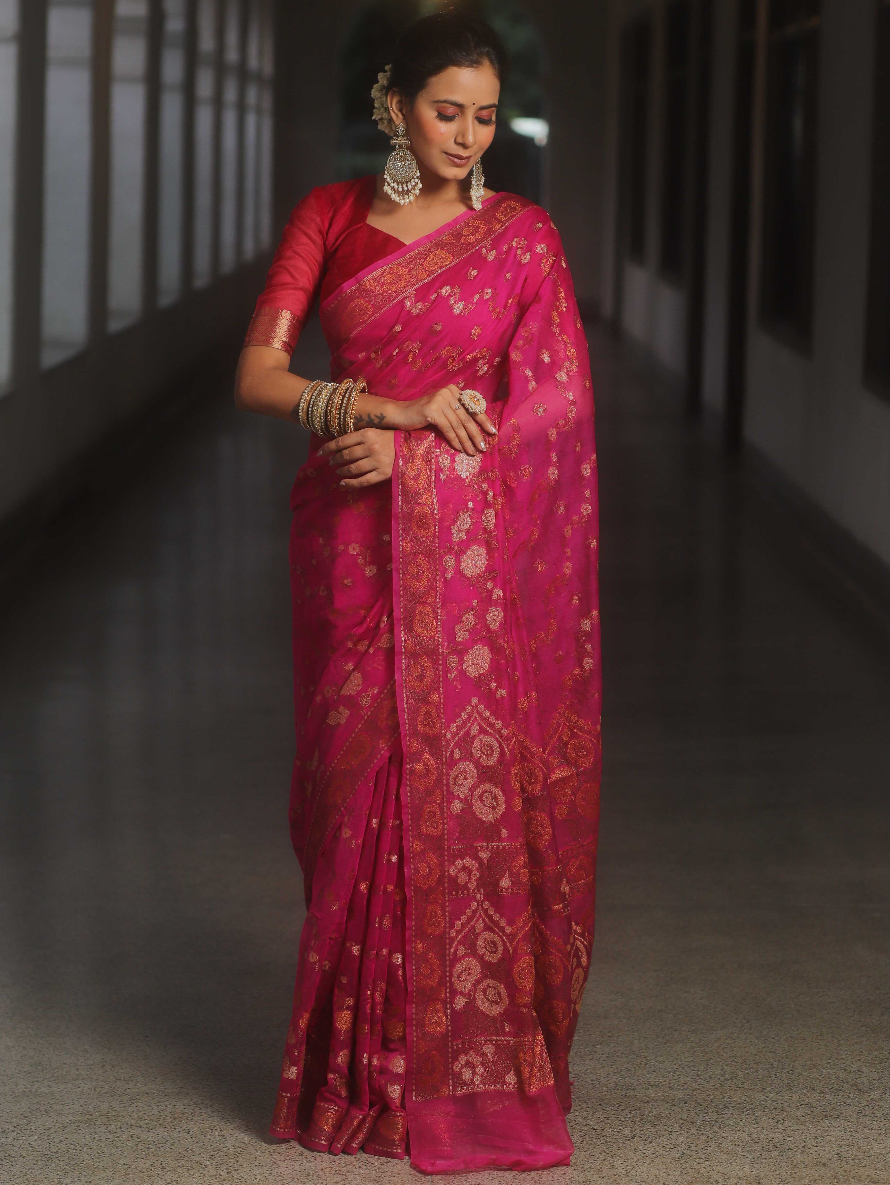 Banarasee Handwoven Georgette Saree Zari Design-Pink