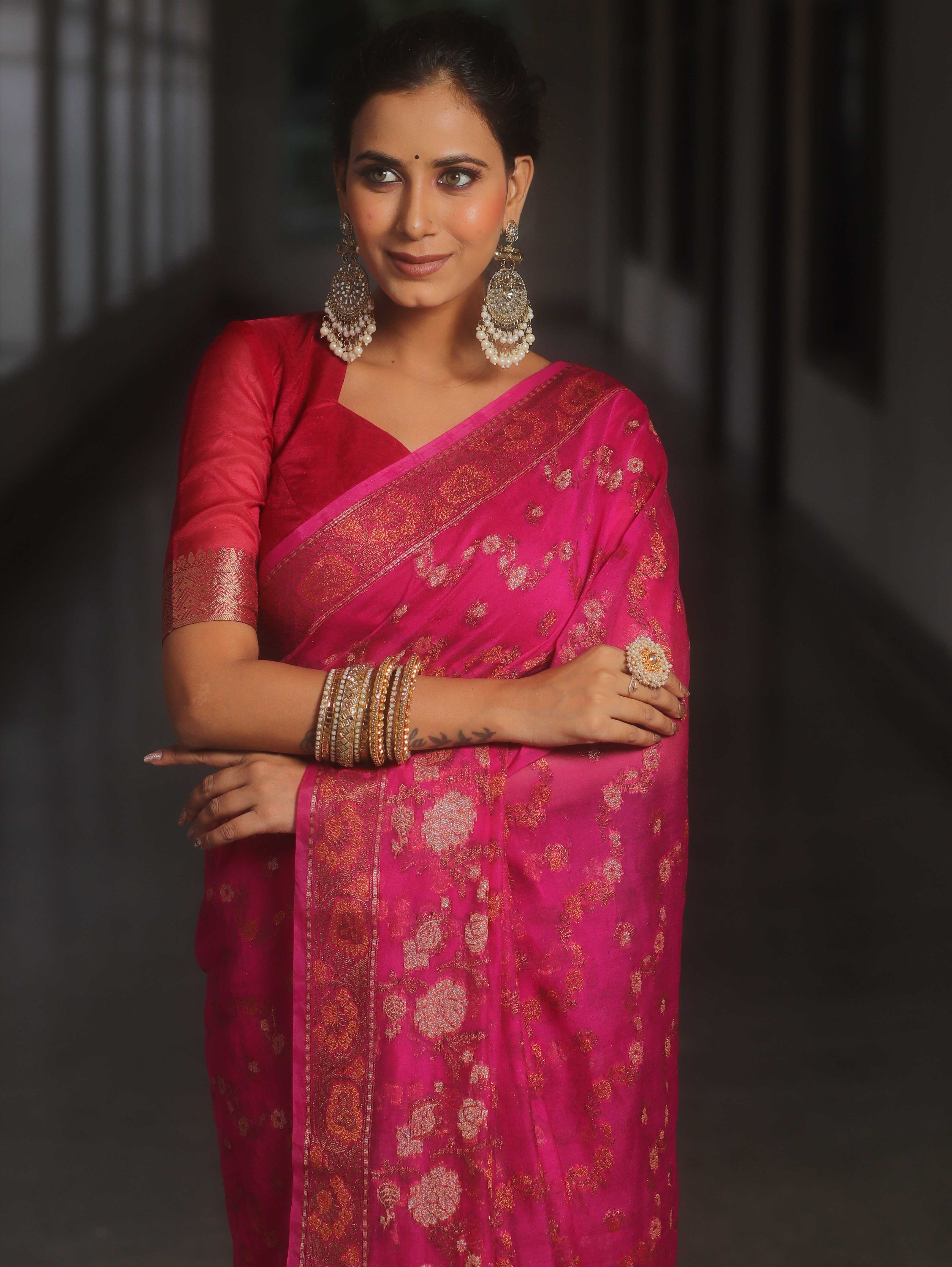 Banarasee Handwoven Georgette Saree Zari Design-Pink