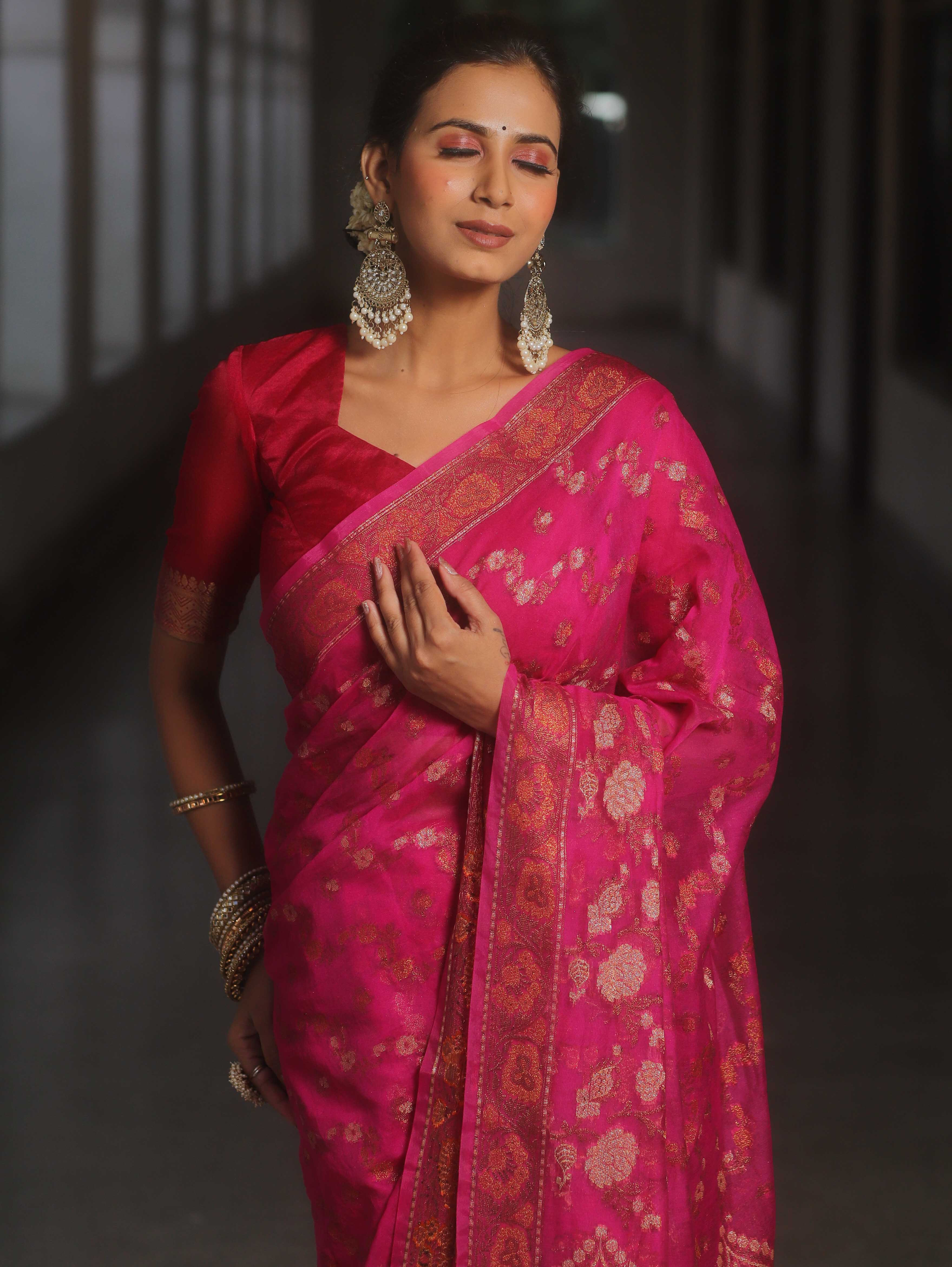 Banarasee Handwoven Georgette Saree Zari Design-Pink