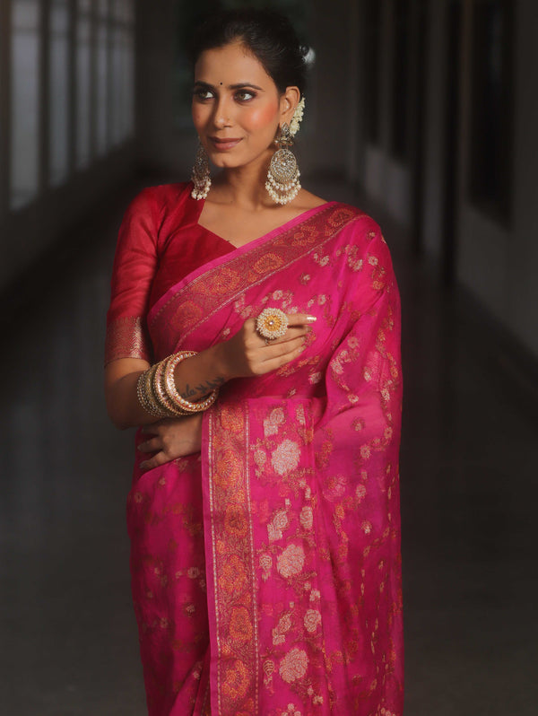 Banarasee Handwoven Georgette Saree Zari Design-Pink