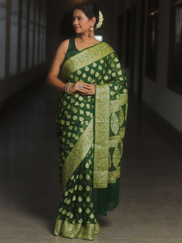 Banarasee Pure Chiffon Saree With Resham Zari Work-Green