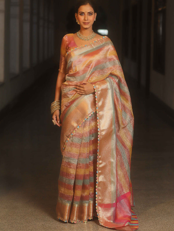 Banarasee Handwoven Crushed Tissue Saree With Lace-Multicolor