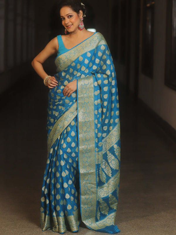 Banarasee Pure Chiffon Saree With Resham Zari Work-Blue