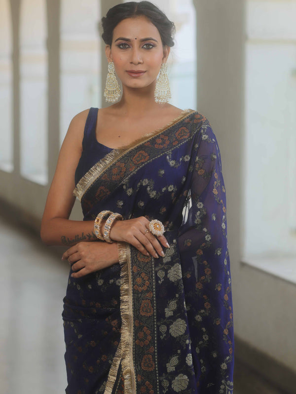 Banarasee Handwoven Georgette Saree Zari Design With Lace-Deep Blue