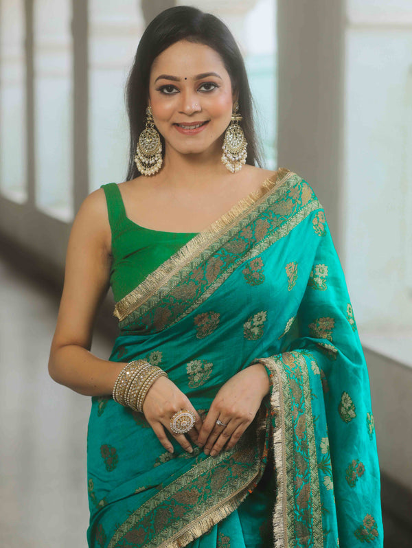 Banarasee Handwoven Georgette Saree Zari Design With Lace-Teal Green