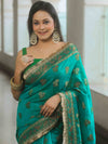 Banarasee Handwoven Georgette Saree Zari Design With Lace-Teal Green