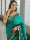 Banarasee Handwoven Georgette Saree Zari Design With Lace-Teal Green