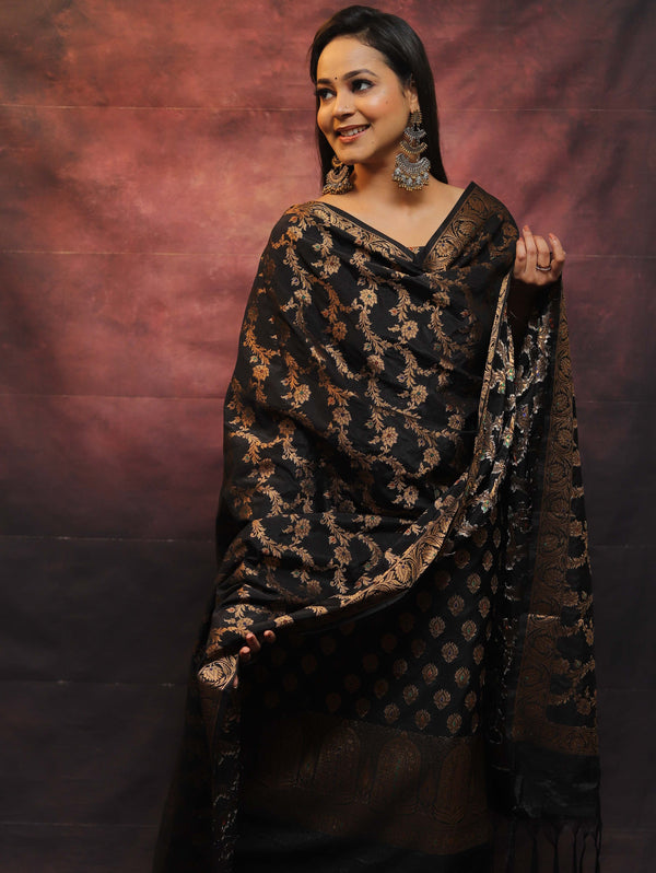 Banarasee Salwar Kameez Semi Katan Silk Fabric With Zari Work-Black