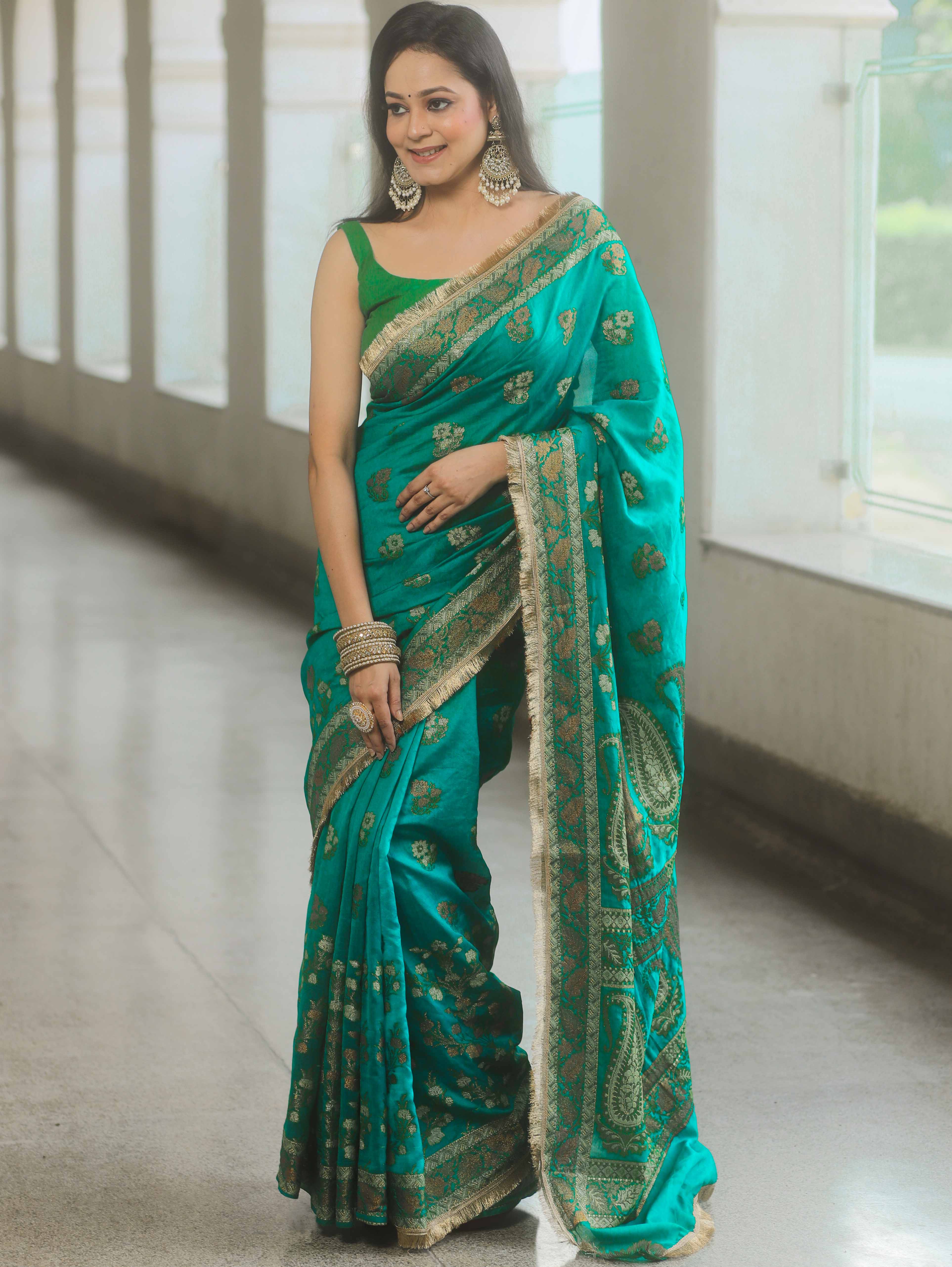 Banarasee Handwoven Georgette Saree Zari Design With Lace-Teal Green