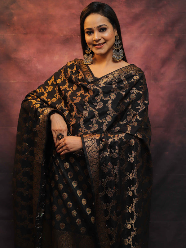 Banarasee Salwar Kameez Semi Katan Silk Fabric With Zari Work-Black