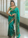 Banarasee Handwoven Georgette Saree Zari Design With Lace-Teal Green