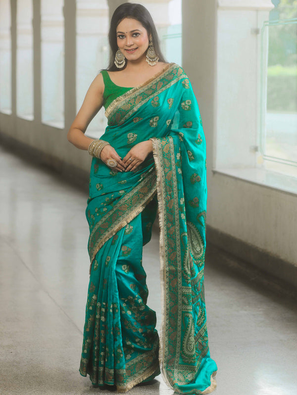 Banarasee Handwoven Georgette Saree Zari Design With Lace-Teal Green