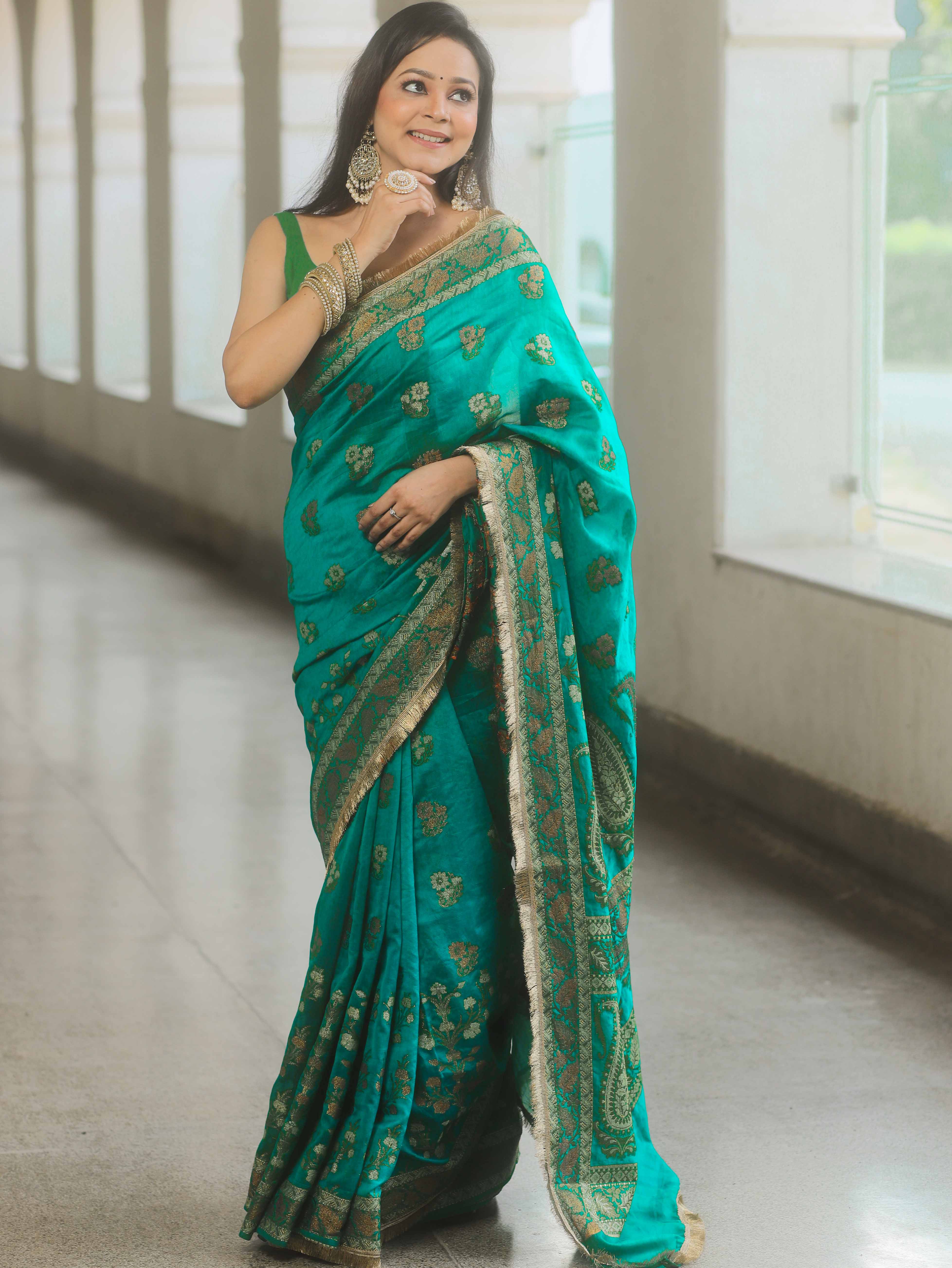 Banarasee Handwoven Georgette Saree Zari Design With Lace-Teal Green