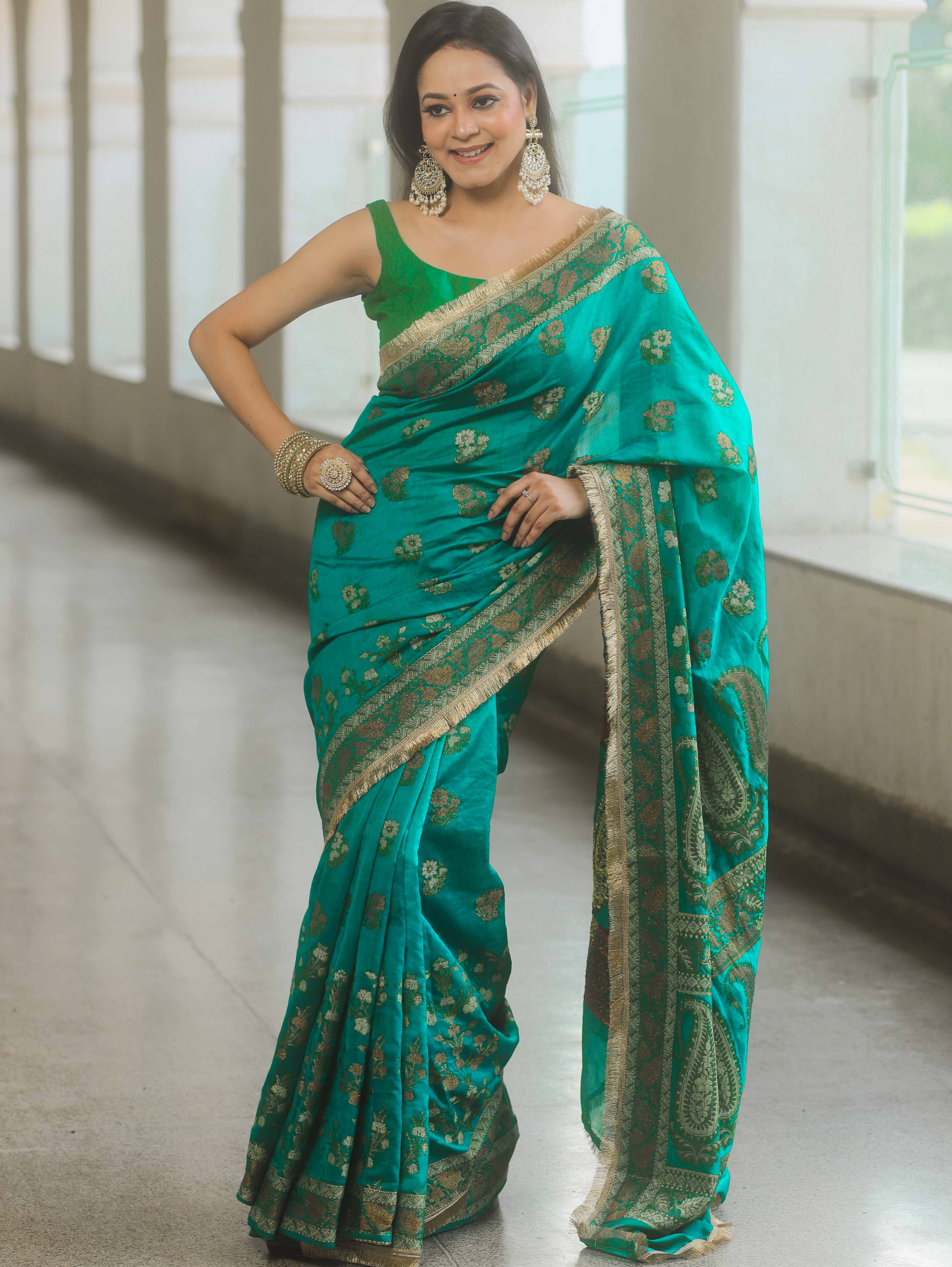 Banarasee Handwoven Georgette Saree Zari Design With Lace-Teal Green