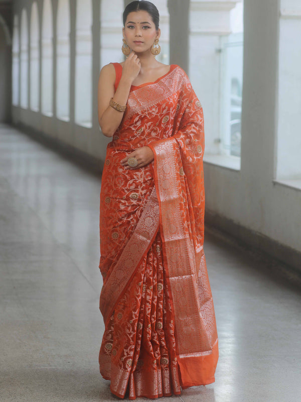 Banarasee Semi-Georgette Saree Silver Zari Jaal Design & Border-Rust