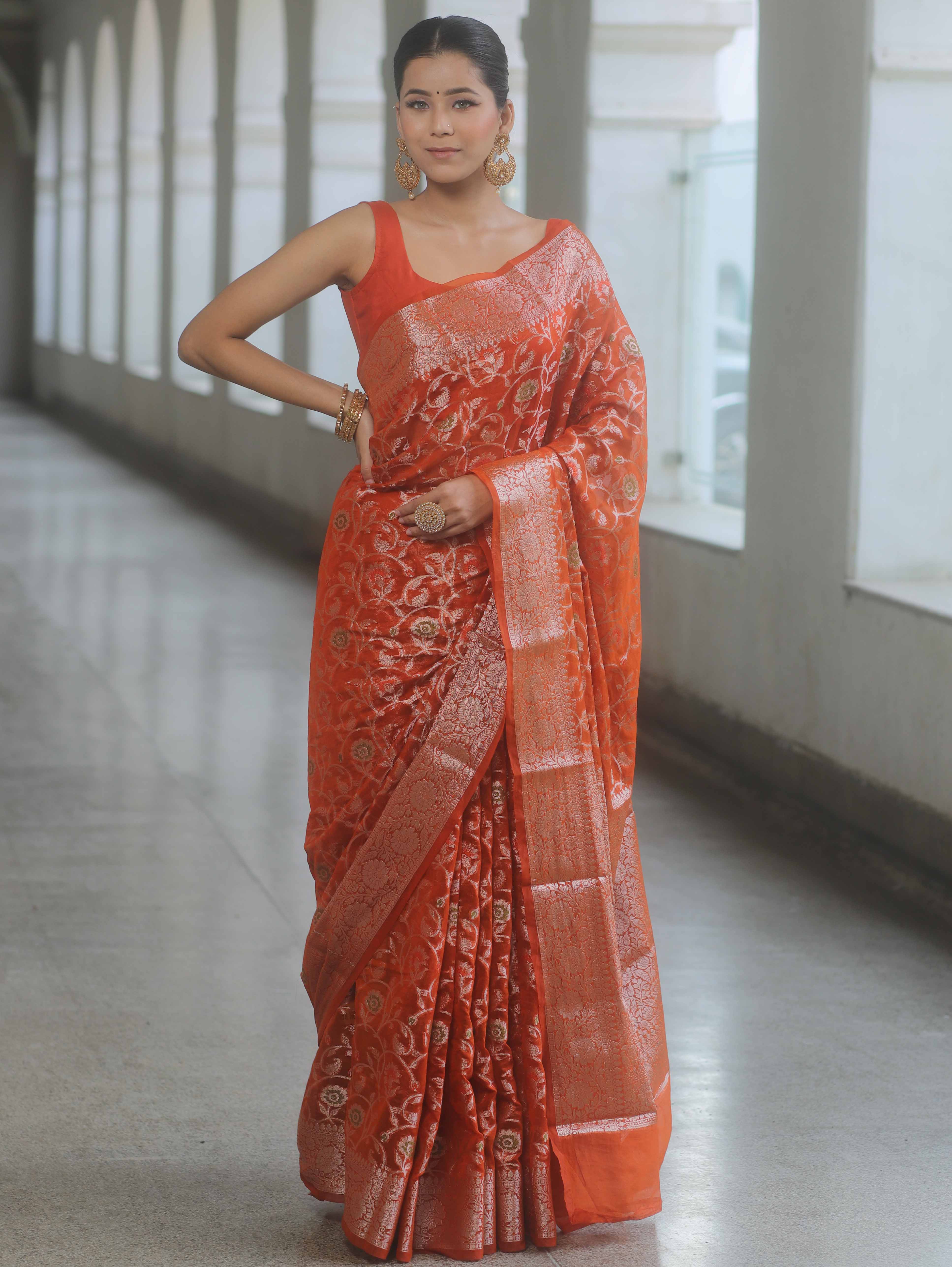 Banarasee Semi-Georgette Saree Silver Zari Jaal Design & Border-Rust