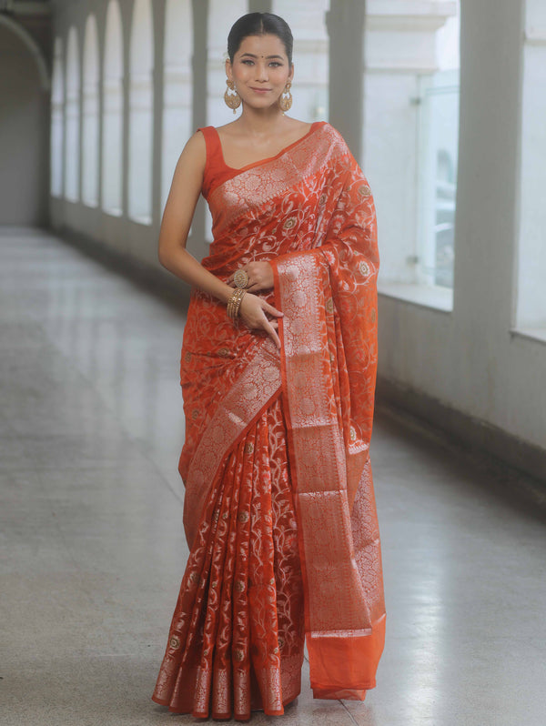 Banarasee Semi-Georgette Saree Silver Zari Jaal Design & Border-Rust