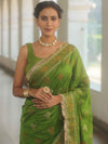 Banarasee Handwoven Georgette Saree Zari Design With Lace-Heena Green