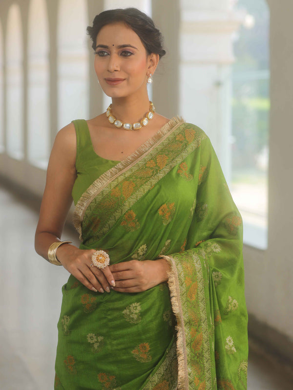 Banarasee Handwoven Georgette Saree Zari Design With Lace-Heena Green