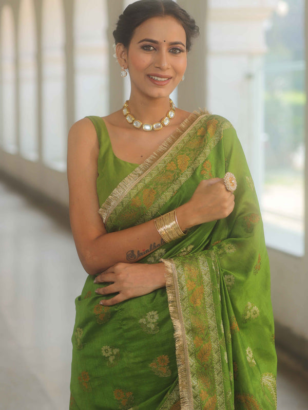 Banarasee Handwoven Georgette Saree Zari Design With Lace-Heena Green