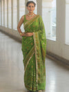 Banarasee Handwoven Georgette Saree Zari Design With Lace-Heena Green