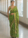 Banarasee Handwoven Georgette Saree Zari Design With Lace-Heena Green