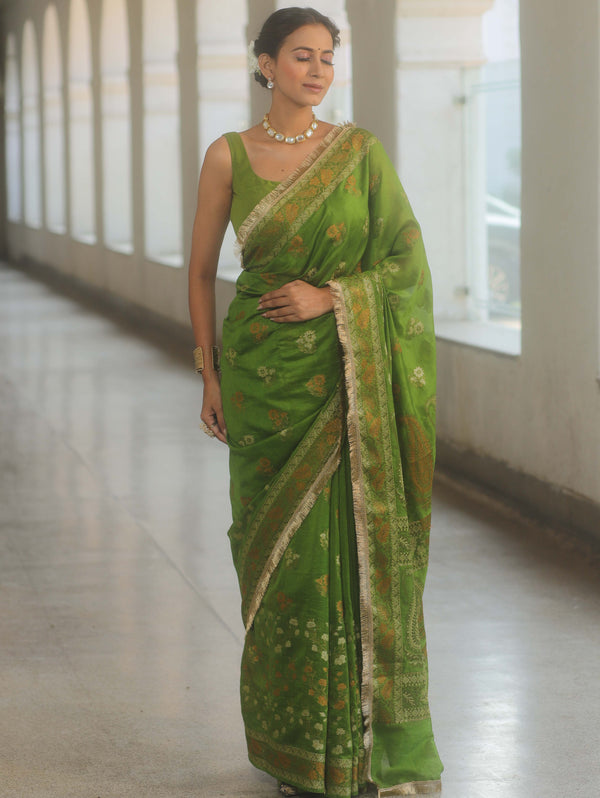 Banarasee Handwoven Georgette Saree Zari Design With Lace-Heena Green