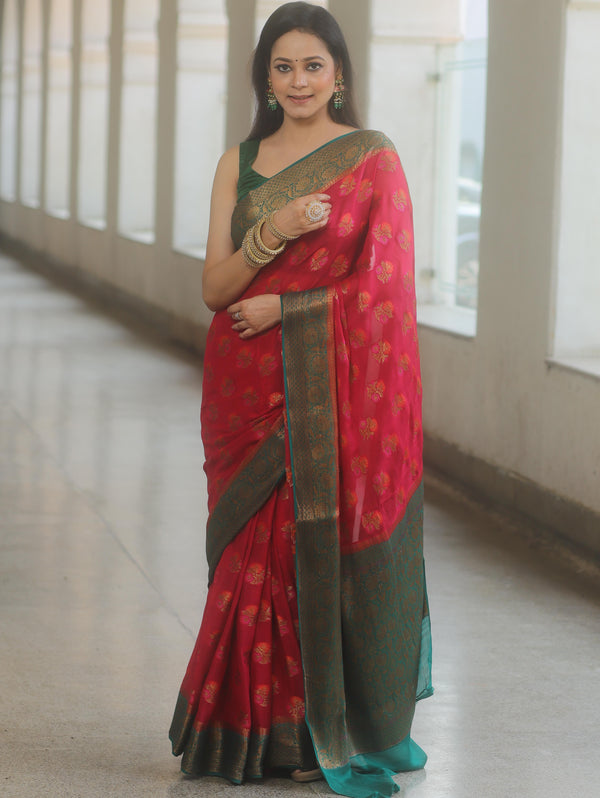 Banarasee Pure Chiffon Silk Saree With Antique & Resham Zari Work-Red & Green