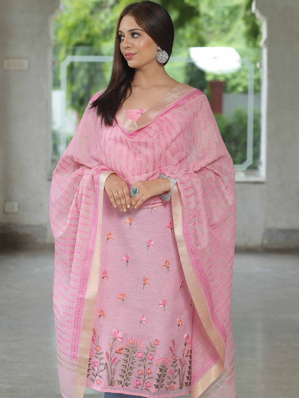 Pink & White Embroidered Linen Unstitched Dress Material