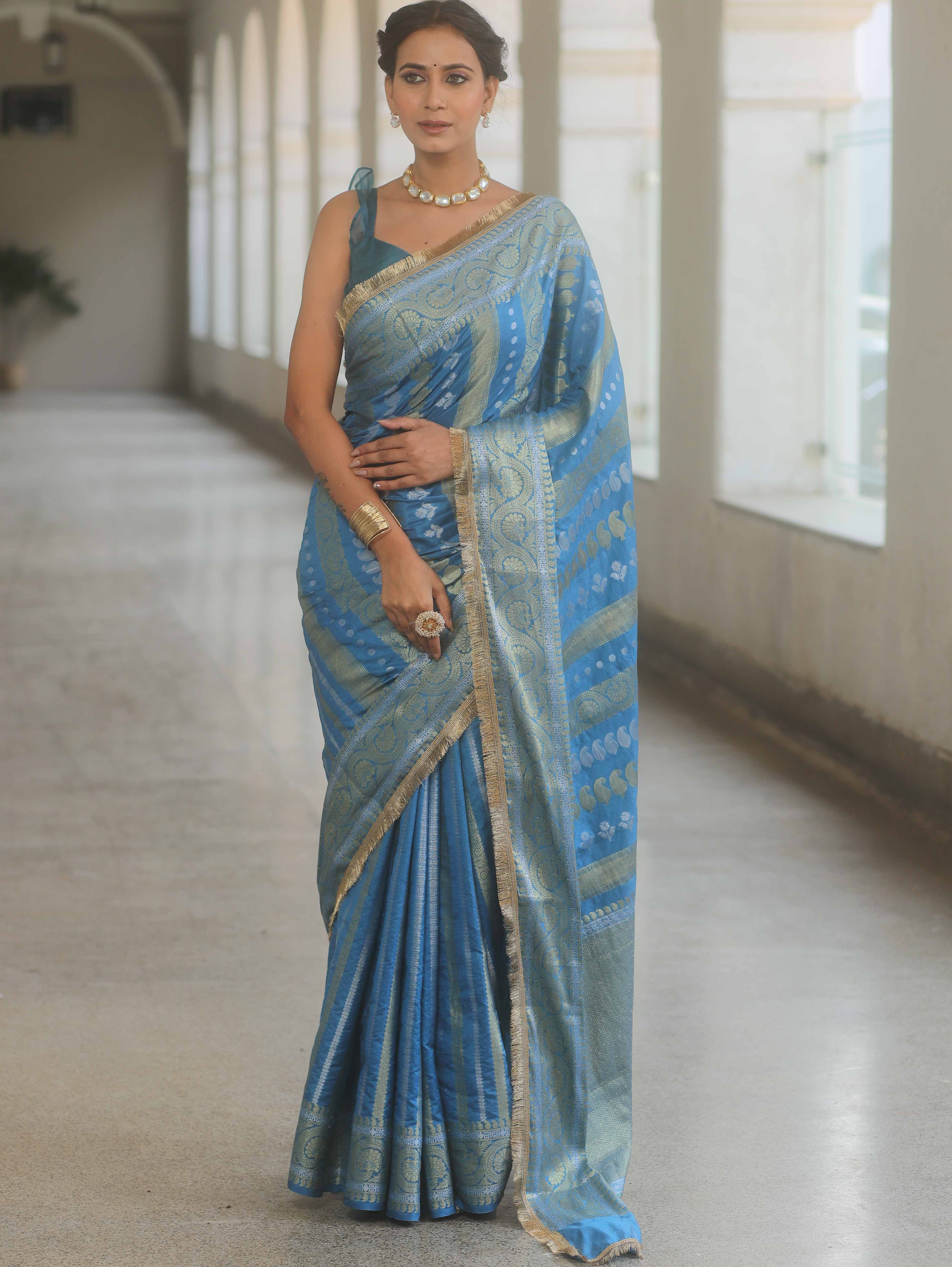 Banarasee Handwoven Georgette Saree Zari Design With Lace-Light Blue