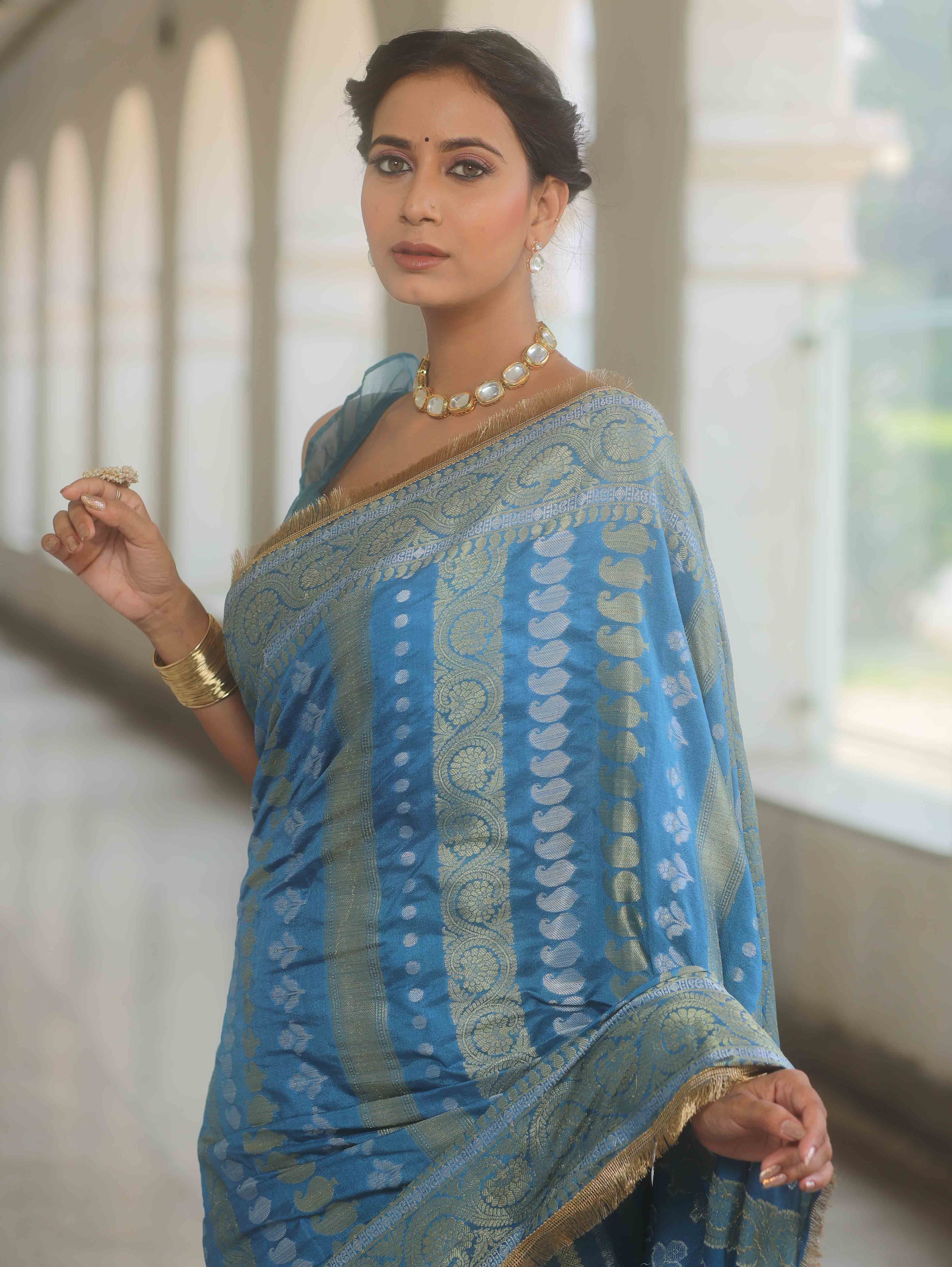 Banarasee Handwoven Georgette Saree Zari Design With Lace-Light Blue