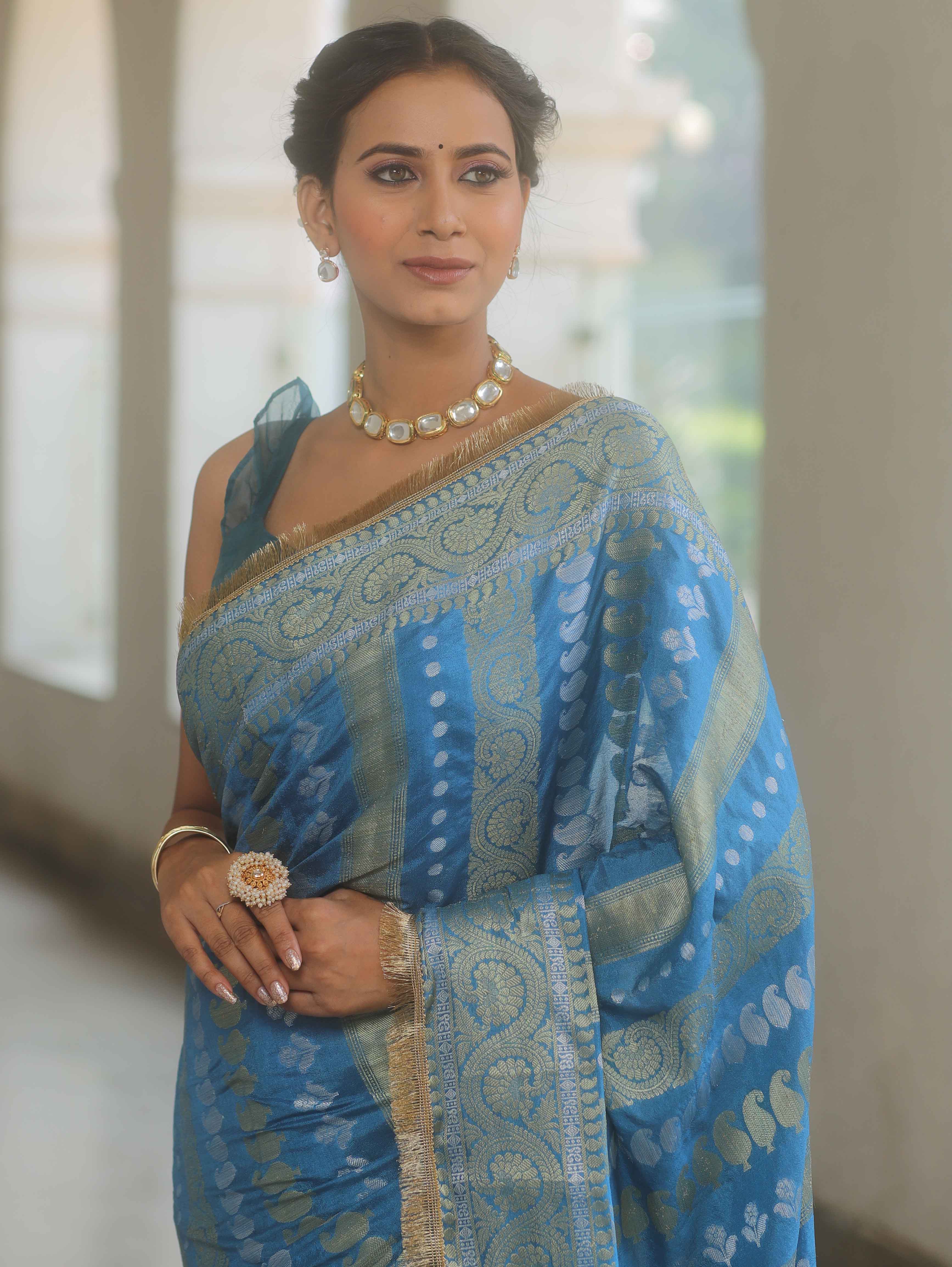 Banarasee Handwoven Georgette Saree Zari Design With Lace-Light Blue