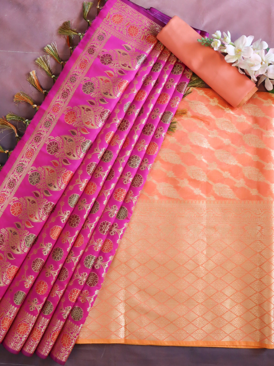 Banarasee Cotton Silk Salwar Kameez Fabric With Zari Work-Pink & Peach