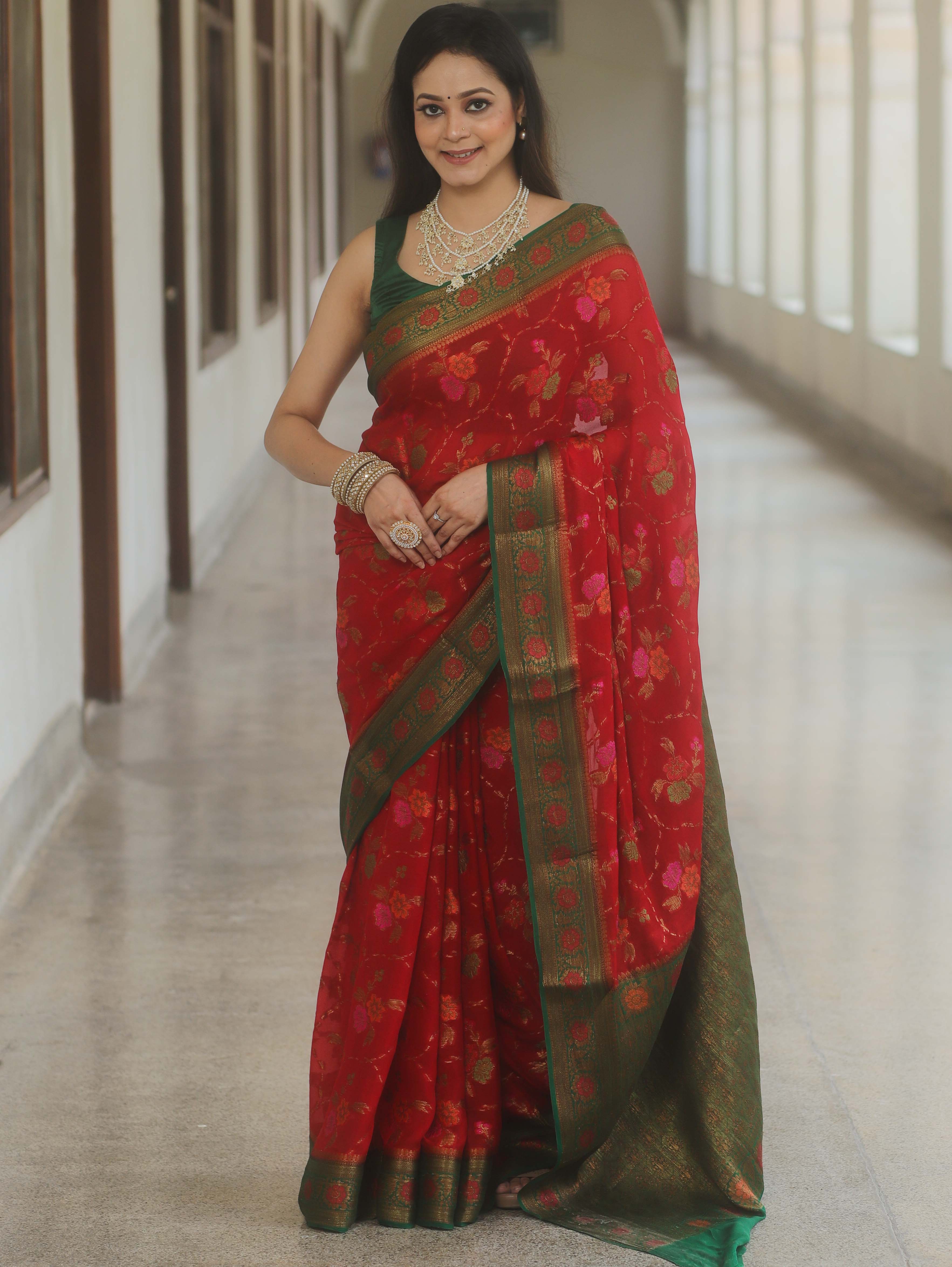 Banarasee Pure Chiffon Silk Saree With Antique & Resham Zari Work-Red & Green