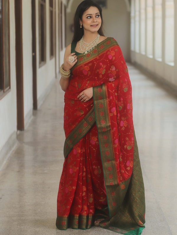 Banarasee Pure Chiffon Silk Saree With Antique & Resham Zari Work-Red & Green